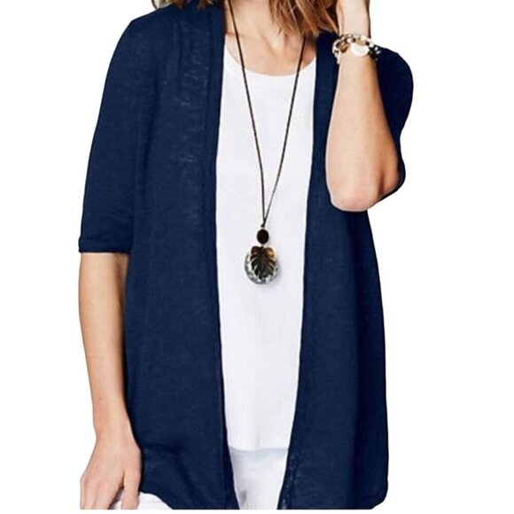 J. Jill Love Linen Long Line Open Front Navy 100% Linen Lightweight Cardigan Swe - Picture 3 of 5